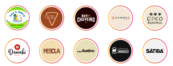 Logos de clientes da GASS: Água Doce Cachaçaria,rezza, Bar do Chuveiro, Kamibaa Oriental, O Pico Noronha, Damaki Sushi, Mescla, Grupo Avelino, Companhia do Churrasco e Sátira